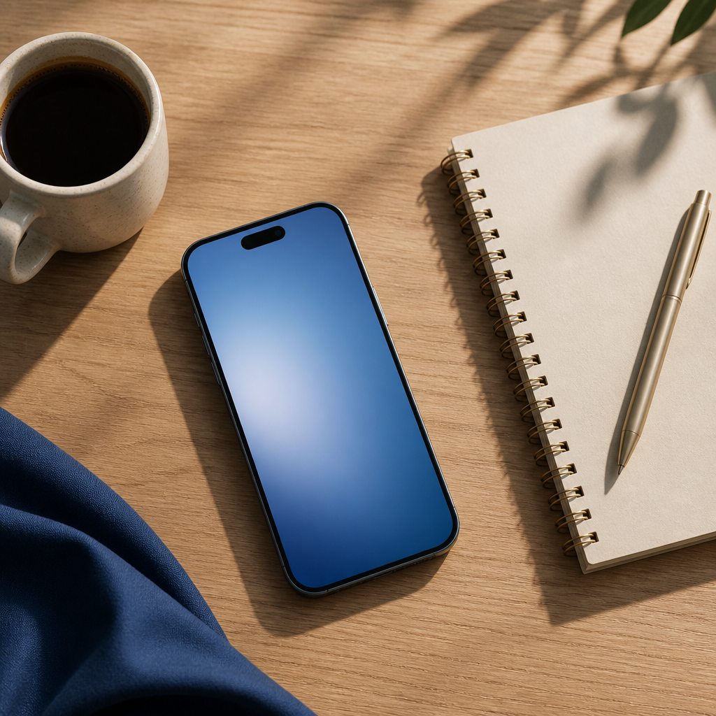 Smartphone e anotações em mesa de trabalho com iluminação natural matinal