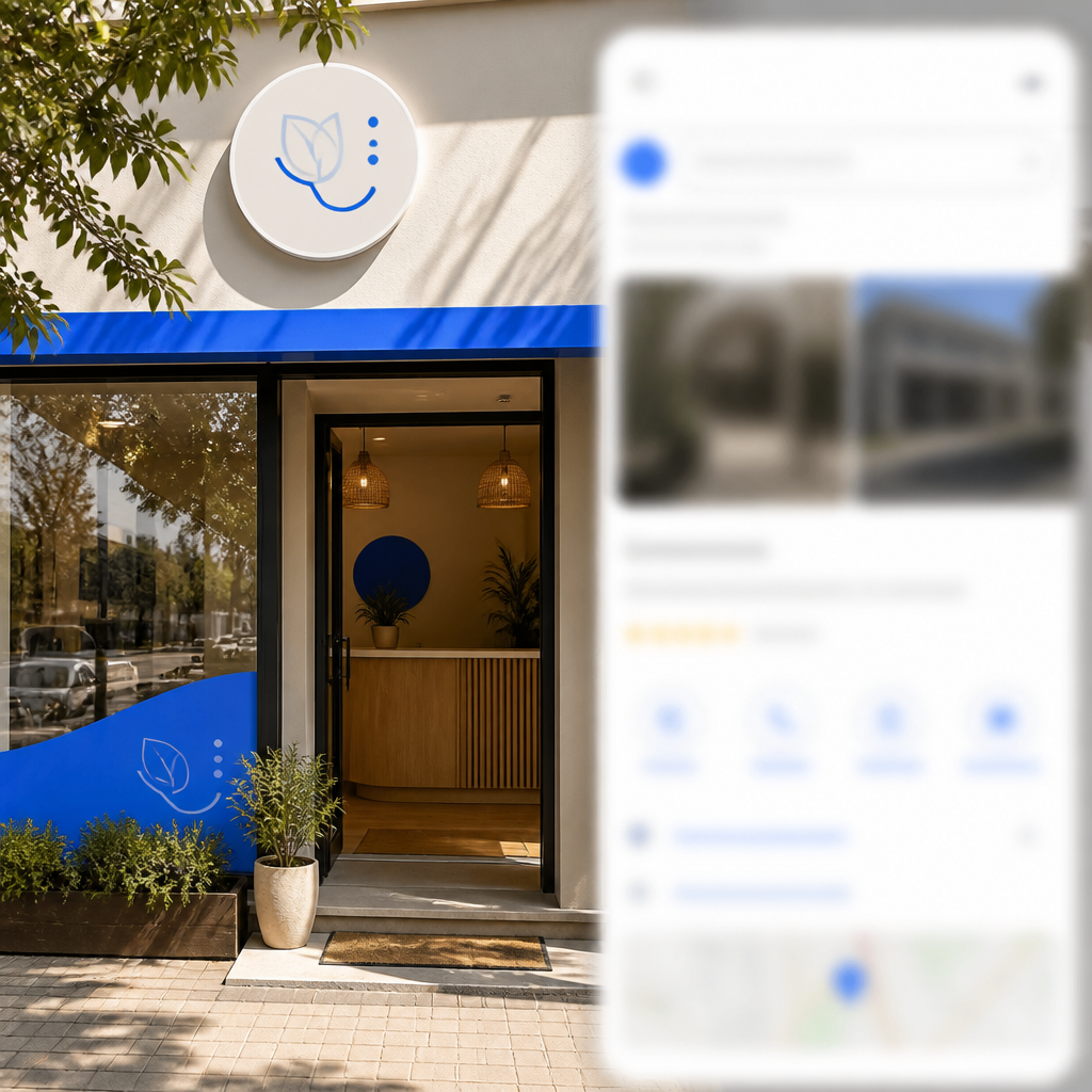 Fachada limpa e convidativa de negócio local com sobreposição desfocada de pesquisa no Google ao fundo.