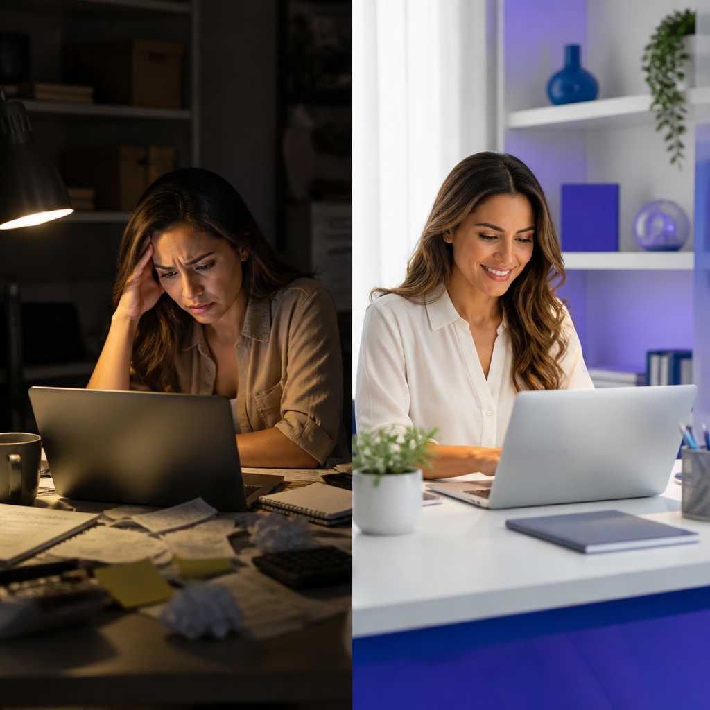 Empresário frustrado em ambiente desorganizado ao lado do mesmo empresário feliz em escritório moderno e iluminado.