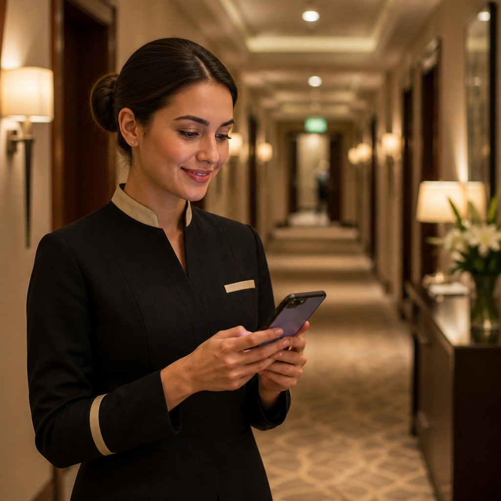 Funcionário do hotel usando smartphone no corredor para coletar feedback dos hóspedes.