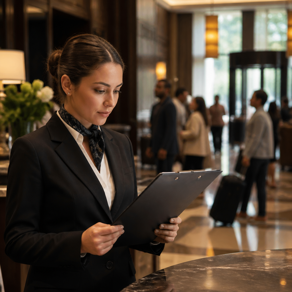 Supervisor de hotel analisando uma lista em prancheta na recepção movimentada.