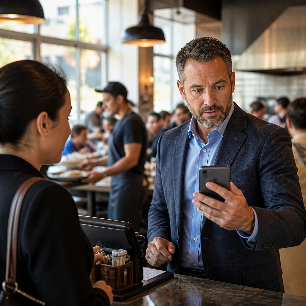 Gerente de restaurante recebe alerta em tempo real no celular enquanto atende cliente no balcão.
