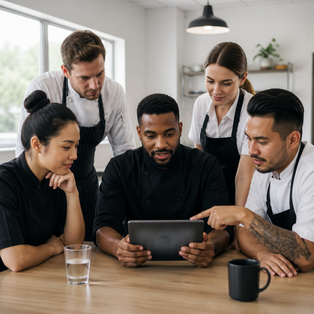 Equipe de restaurante reunida em uma sala iluminada, discutindo a coleta padronizada de feedback.