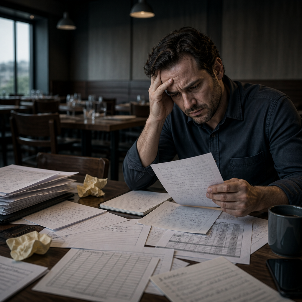 Gerente preocupado revisando anotações manuais e planilhas em mesa desorganizada em restaurante vazio.