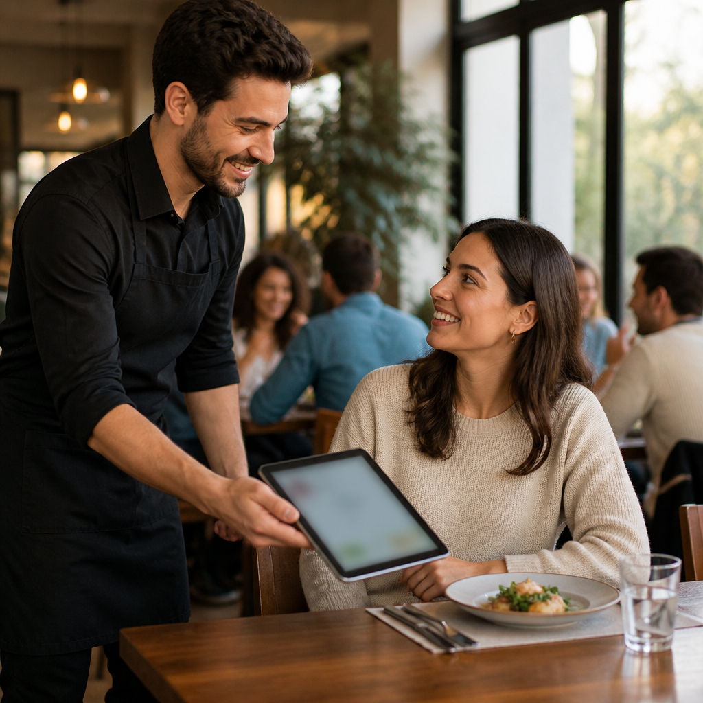 Garçom entregando tablet para cliente sorridente em restaurante iluminado naturalmente.