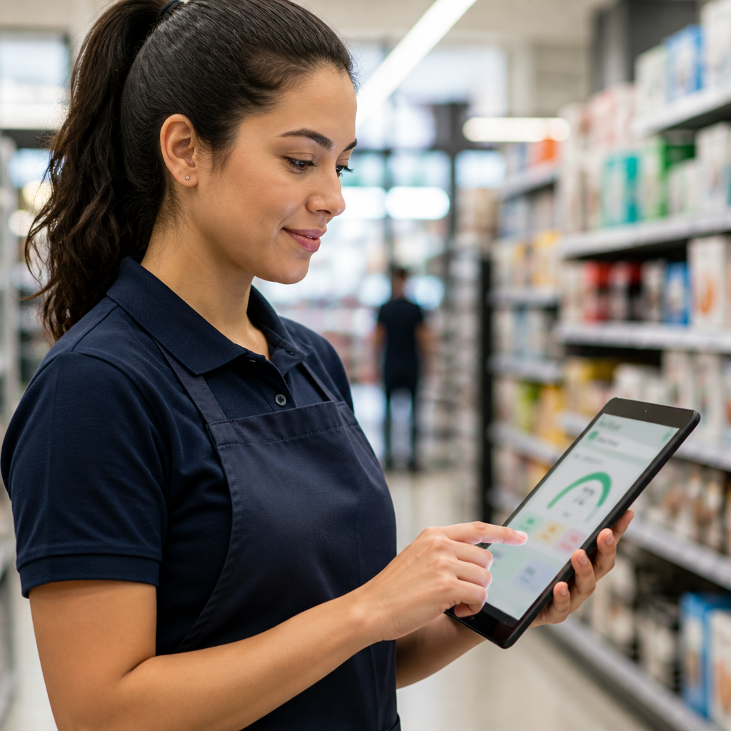 Funcionário da loja usa tablet com dashboard de satisfação do cliente em ambiente claro e organizado.