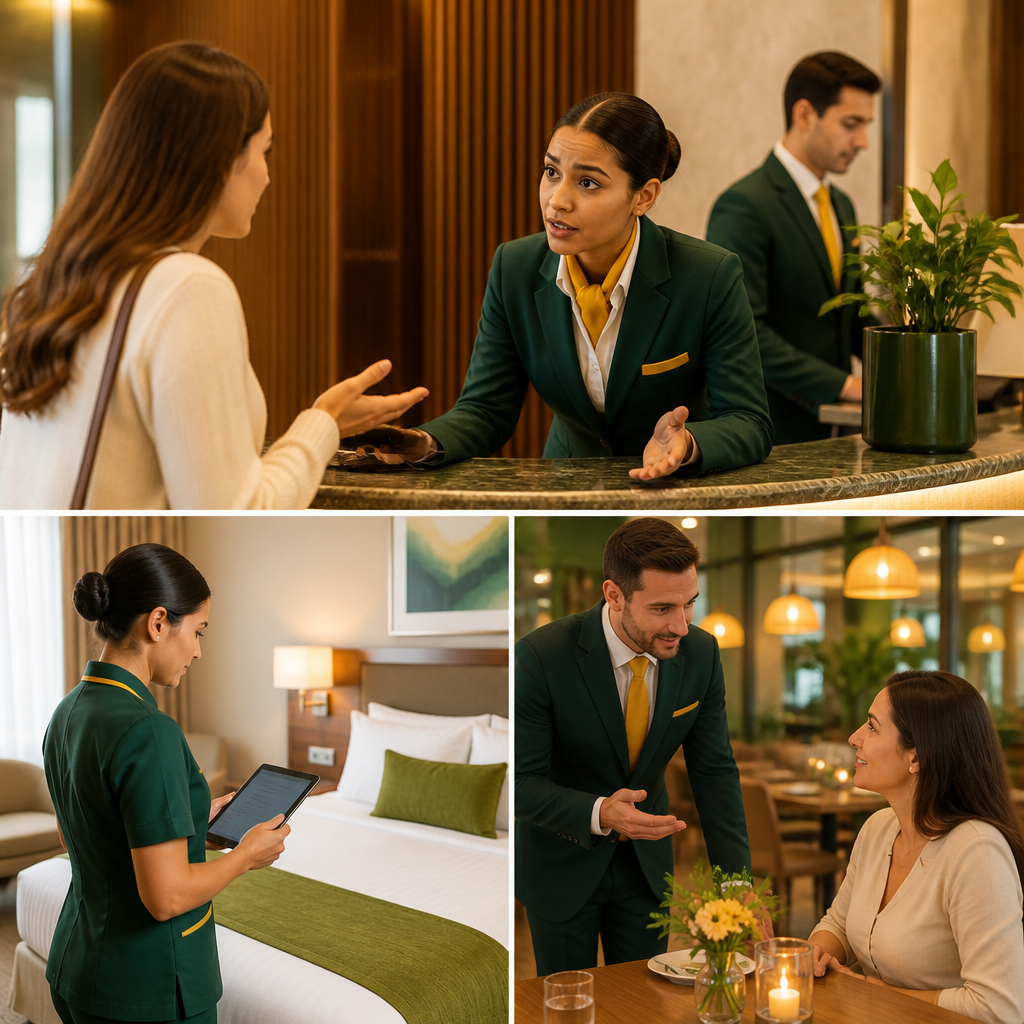 Três cenas de hotel: recepcionista atendendo hóspede, supervisora de limpeza inspecionando quarto, gerente de restaurante conversando com cliente.