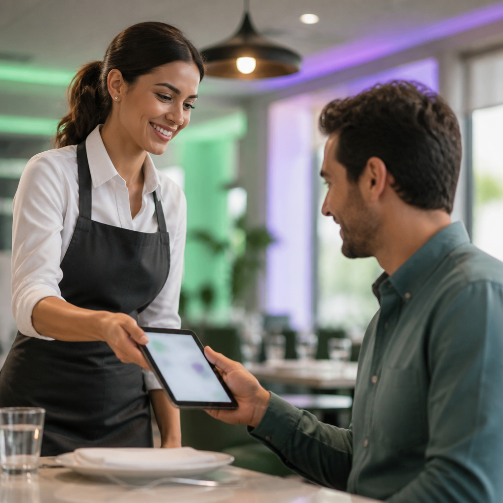 Garçom entregando tablet para cliente em restaurante moderno, ambiente iluminado e acolhedor.