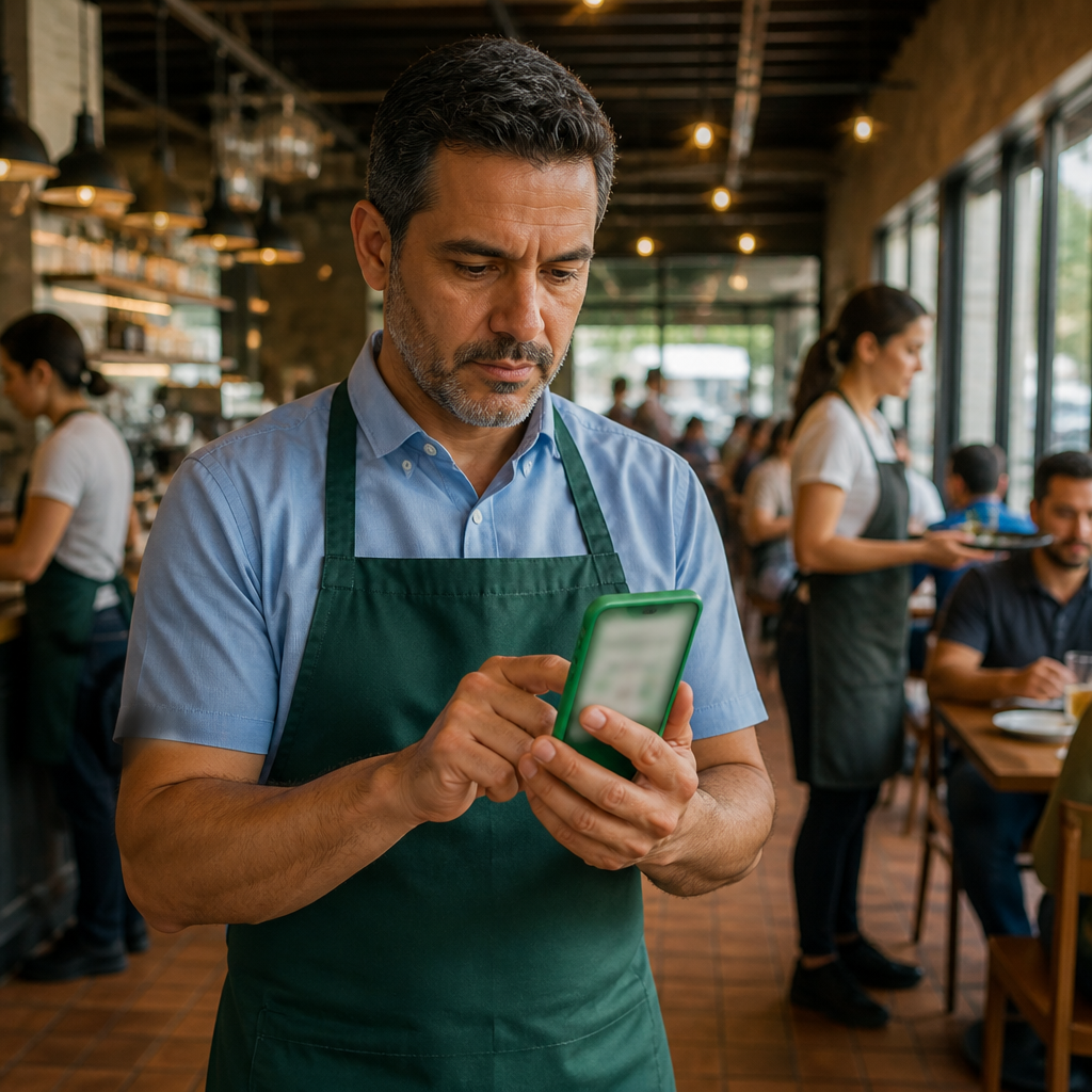 Gerente de restaurante usando celular para monitorar operação em ambiente movimentado.
