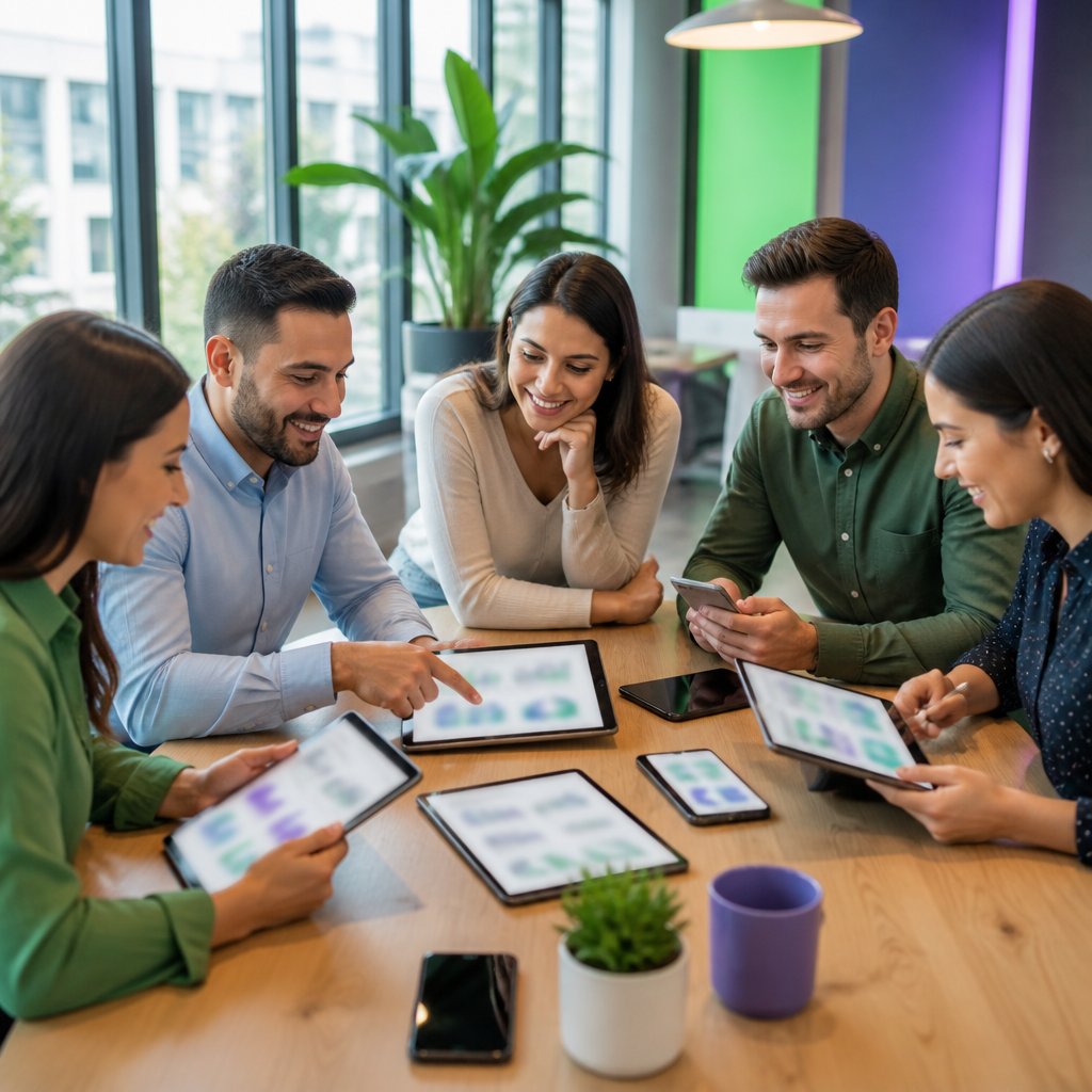 Equipo de responsables colaborando con tabletas y smartphones en una oficina moderna y luminosa.